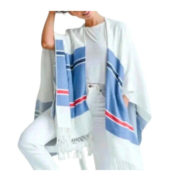 MER SEA One Size Cream Blue Red Striped Fringed Pocket Travel Wrap + Bag NWT